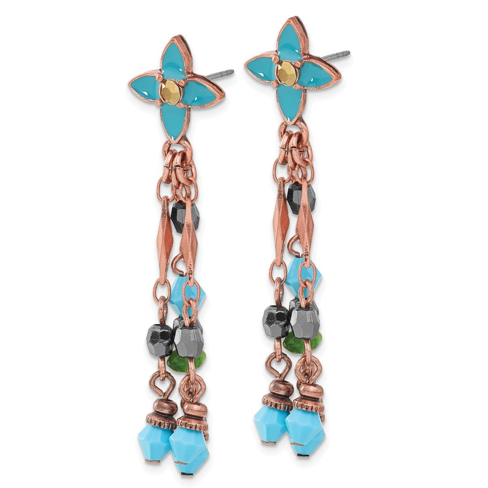 Mode 1928 Schmuck Copper-tone Glieder Teal Emaille Blume und Grün Braun Acrylic Perlen Hängend Ohrstecker