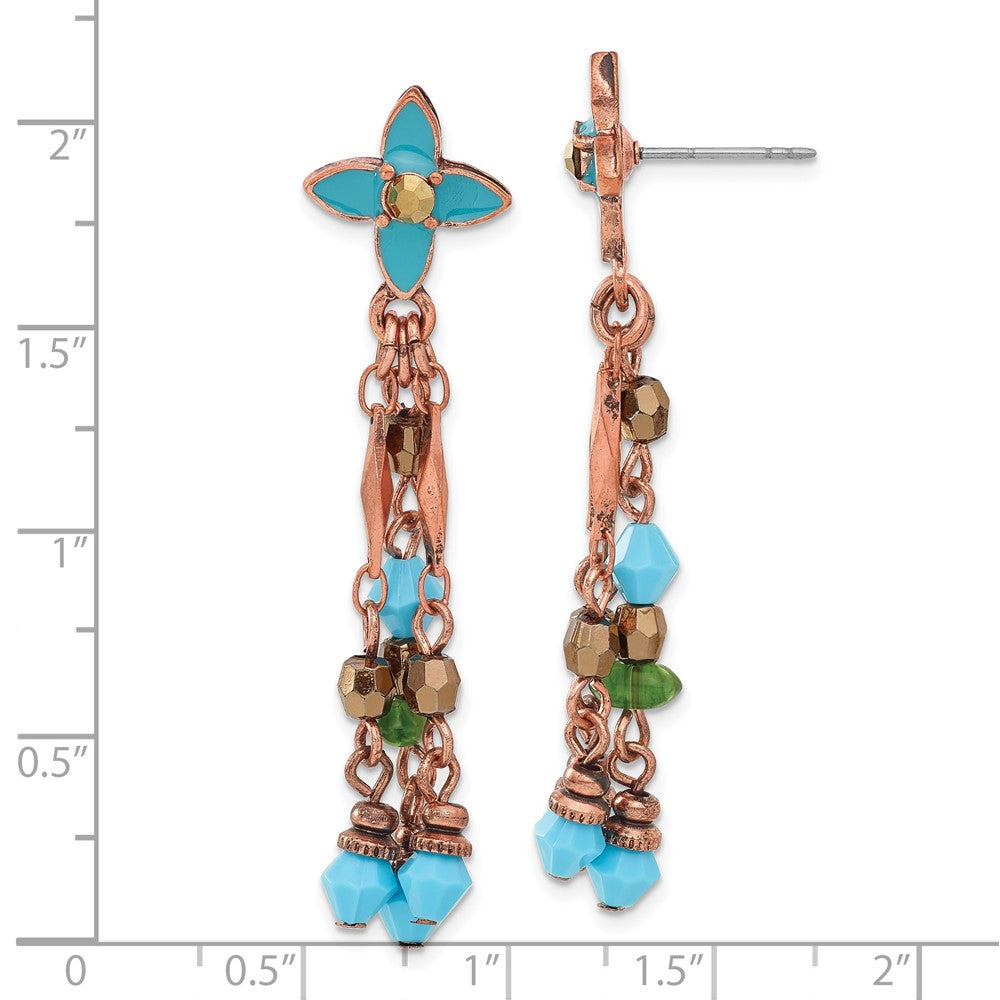 Mode 1928 Schmuck Copper-tone Glieder Teal Emaille Blume und Grün Braun Acrylic Perlen Hängend Ohrstecker