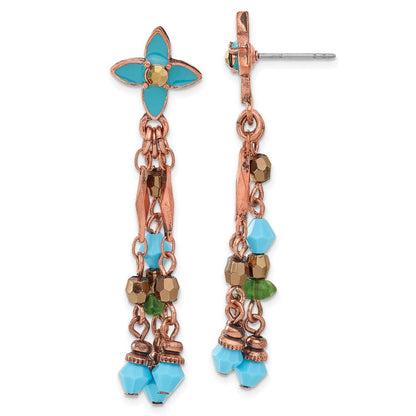 Mode 1928 Schmuck Copper-tone Glieder Teal Emaille Blume und Grün Braun Acrylic Perlen Hängend Ohrstecker