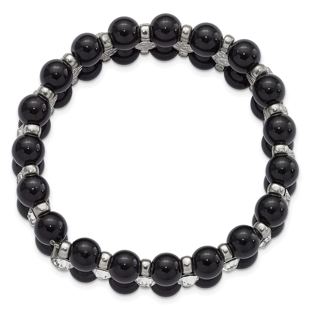 Mode 1928 Schmuck Silberfarben und Schwarz Perlen mit Klar Glas Steine Dehnbar Armband