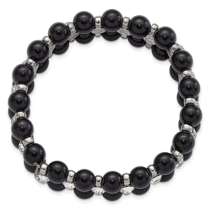 Mode 1928 Schmuck Silberfarben und Schwarz Perlen mit Klar Glas Steine Dehnbar Armband
