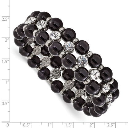 Mode 1928 Schmuck Silberfarben und Schwarz Perlen mit Klar Glas Steine Dehnbar Armband