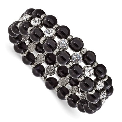 Mode 1928 Schmuck Silberfarben und Schwarz Perlen mit Klar Glas Steine Dehnbar Armband