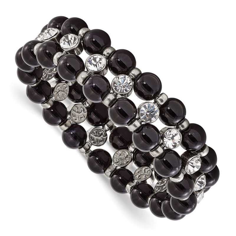 Mode 1928 Schmuck Silberfarben und Schwarz Perlen mit Klar Glas Steine Dehnbar Armband