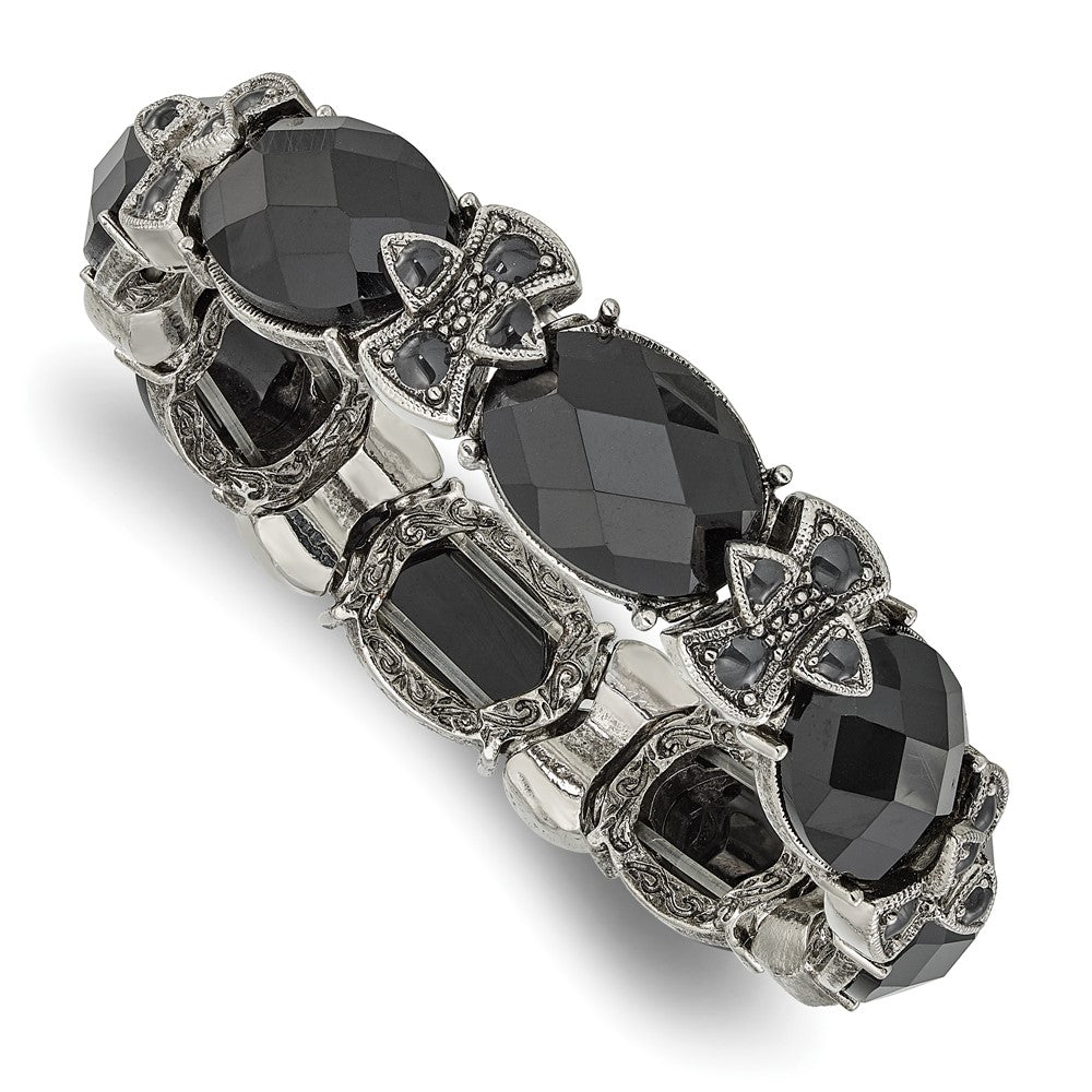 Mode 1928 Schmuck Silberfarben Rahmen Schwarz Emaille und Facettiert Kristall Dehnbar Armband