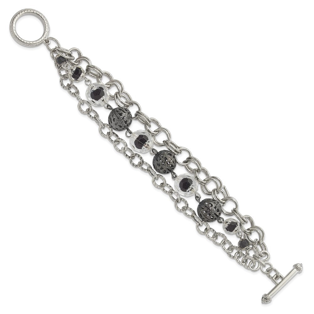 Mode 1928 Schmuck Silberfarben Glieder Schwarz-beschichtet Strukturiert Perle Klar und Schwarz Glas Acrylic Perlen Drei Reihe 7 Zoll Knebel Armband