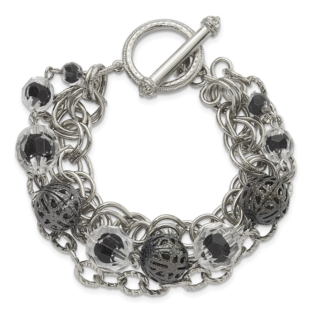 Mode 1928 Schmuck Silberfarben Glieder Schwarz-beschichtet Strukturiert Perle Klar und Schwarz Glas Acrylic Perlen Drei Reihe 7 Zoll Knebel Armband
