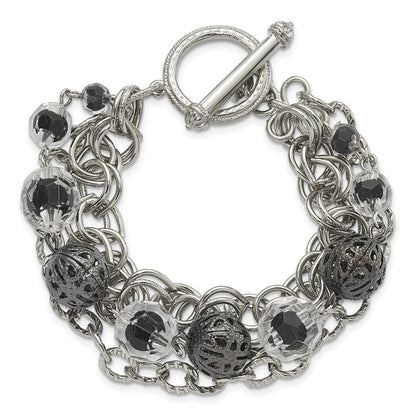 Mode 1928 Schmuck Silberfarben Glieder Schwarz-beschichtet Strukturiert Perle Klar und Schwarz Glas Acrylic Perlen Drei Reihe 7 Zoll Knebel Armband