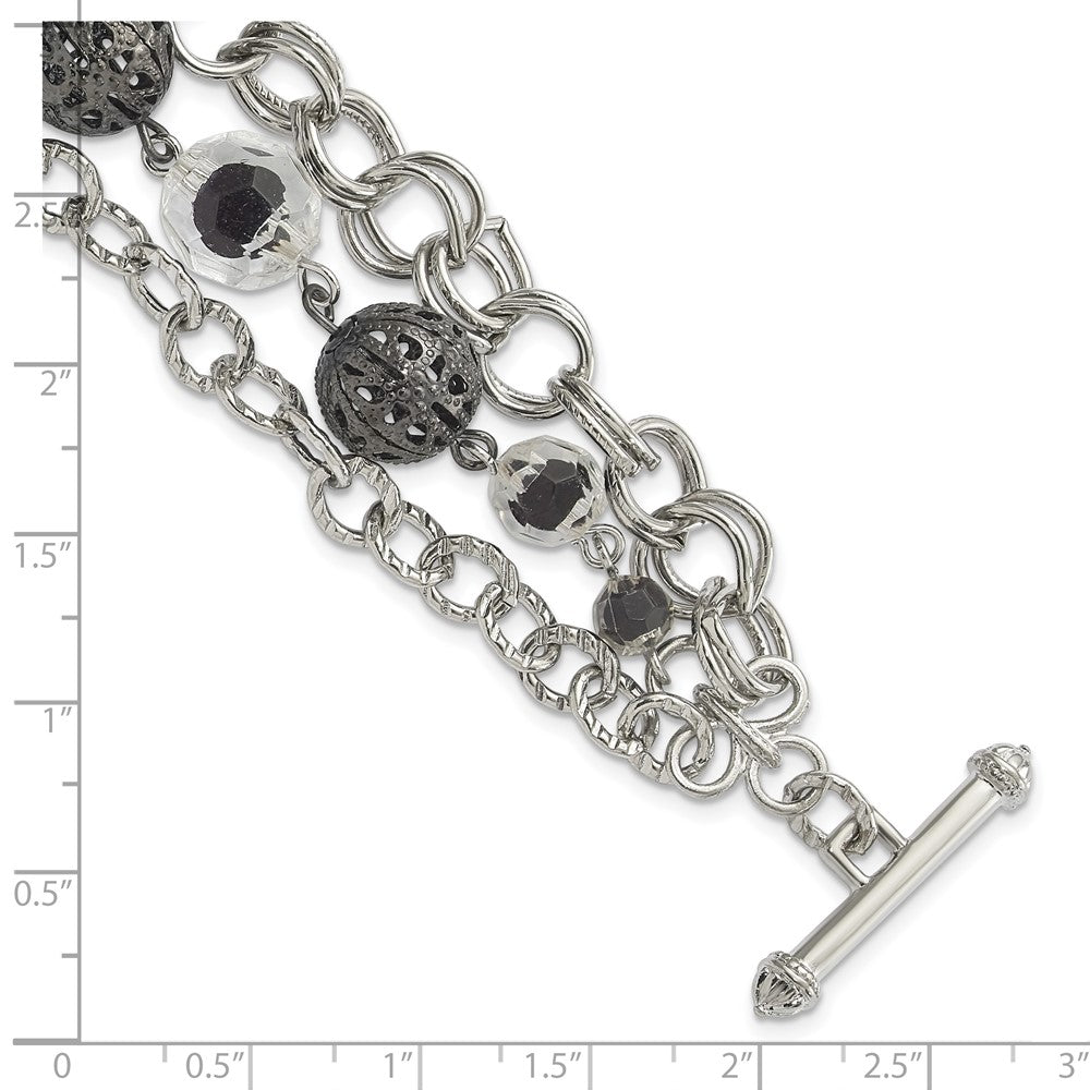 Mode 1928 Schmuck Silberfarben Glieder Schwarz-beschichtet Strukturiert Perle Klar und Schwarz Glas Acrylic Perlen Drei Reihe 7 Zoll Knebel Armband