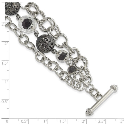 Mode 1928 Schmuck Silberfarben Glieder Schwarz-beschichtet Strukturiert Perle Klar und Schwarz Glas Acrylic Perlen Drei Reihe 7 Zoll Knebel Armband