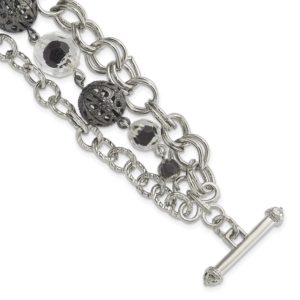 Mode 1928 Schmuck Silberfarben Glieder Schwarz-beschichtet Strukturiert Perle Klar und Schwarz Glas Acrylic Perlen Drei Reihe 7 Zoll Knebel Armband
