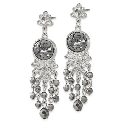 Mode 1928 Schmuck Silberfarben & Schwarz-beschichtet Filigran Klar und Hematite Facettiert Acrylic Perlen Lang Hängend Ohrstecker