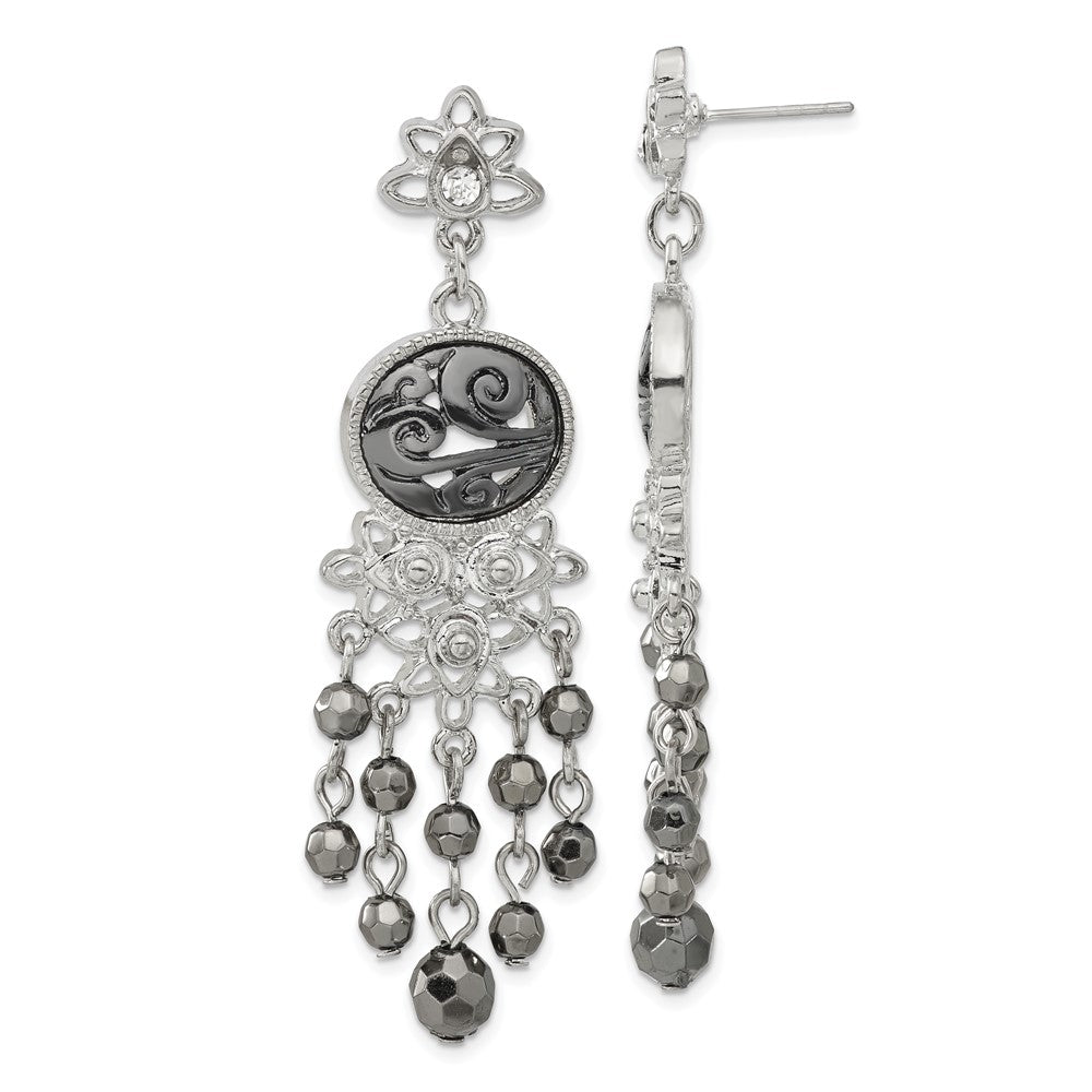 Mode 1928 Schmuck Silberfarben & Schwarz-beschichtet Filigran Klar und Hematite Facettiert Acrylic Perlen Lang Hängend Ohrstecker