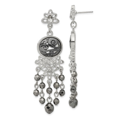 Mode 1928 Schmuck Silberfarben & Schwarz-beschichtet Filigran Klar und Hematite Facettiert Acrylic Perlen Lang Hängend Ohrstecker