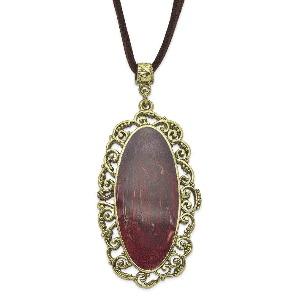 Mode 1928 Schmuck Messingfarben Ornate Rahmen Lila Emaille Oval 30 Zoll Faux Suede Kordel Halskette