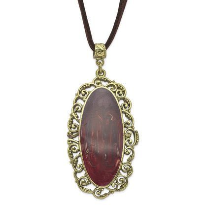 Mode 1928 Schmuck Messingfarben Ornate Rahmen Lila Emaille Oval 30 Zoll Faux Suede Kordel Halskette