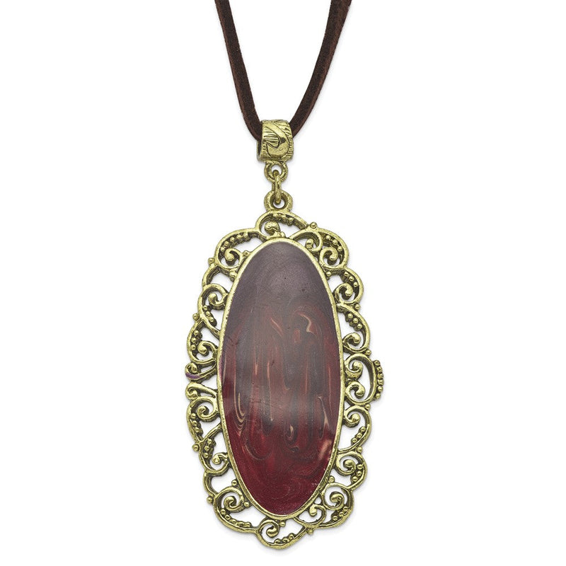Mode 1928 Schmuck Messingfarben Ornate Rahmen Lila Emaille Oval 30 Zoll Faux Suede Kordel Halskette