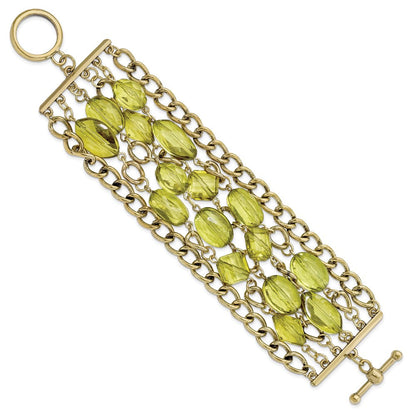 Mode 1928 Schmuck Messingfarben Glieder und Olive Grün Facettiert Acrylic Perlen Breit Six Reihe 8 Zoll Knebel Armband