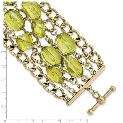 Mode 1928 Schmuck Messingfarben Glieder und Olive Grün Facettiert Acrylic Perlen Breit Six Reihe 8 Zoll Knebel Armband