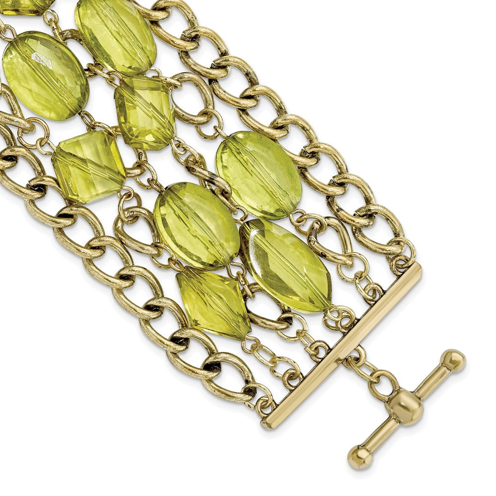 Mode 1928 Schmuck Messingfarben Glieder und Olive Grün Facettiert Acrylic Perlen Breit Six Reihe 8 Zoll Knebel Armband