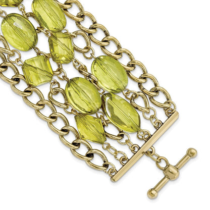 Mode 1928 Schmuck Messingfarben Glieder und Olive Grün Facettiert Acrylic Perlen Breit Six Reihe 8 Zoll Knebel Armband