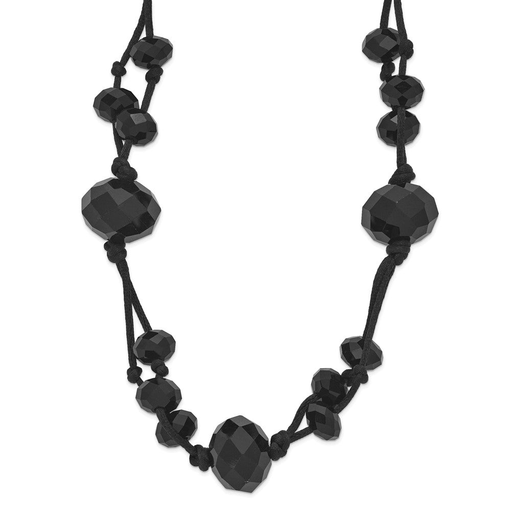 Mode 1928 Schmuck Jet Schwarz Facettiert Acrylic Perlen Adjustabel 16 Zoll Geknotet Satiniert Kordel Halskette mit 3 Verlängerung