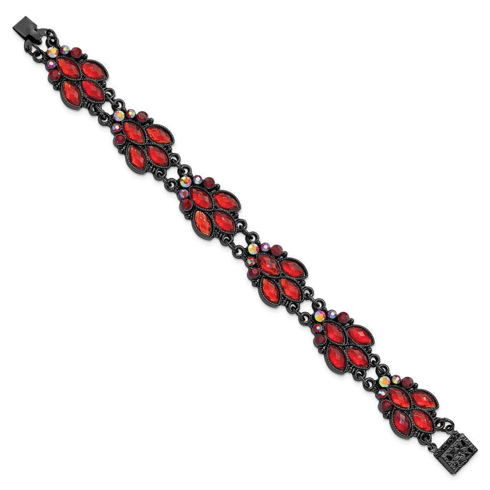 Mode 1928 Schmuck Schwarz-beschichtet Facettiert Rot und Aurora Borealis Glas Steine 7.25 Zoll Armband