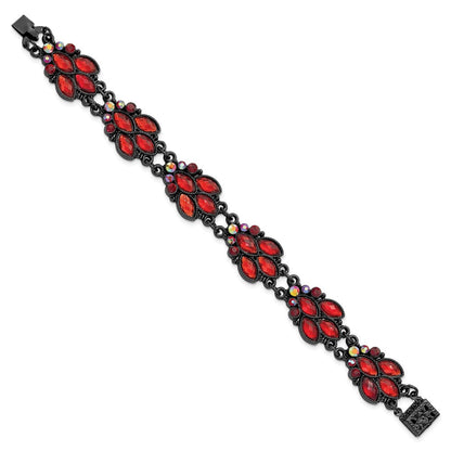 Mode 1928 Schmuck Schwarz-beschichtet Facettiert Rot und Aurora Borealis Glas Steine 7.25 Zoll Armband