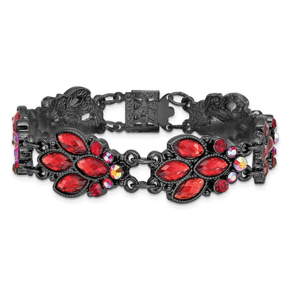 Mode 1928 Schmuck Schwarz-beschichtet Facettiert Rot und Aurora Borealis Glas Steine 7.25 Zoll Armband