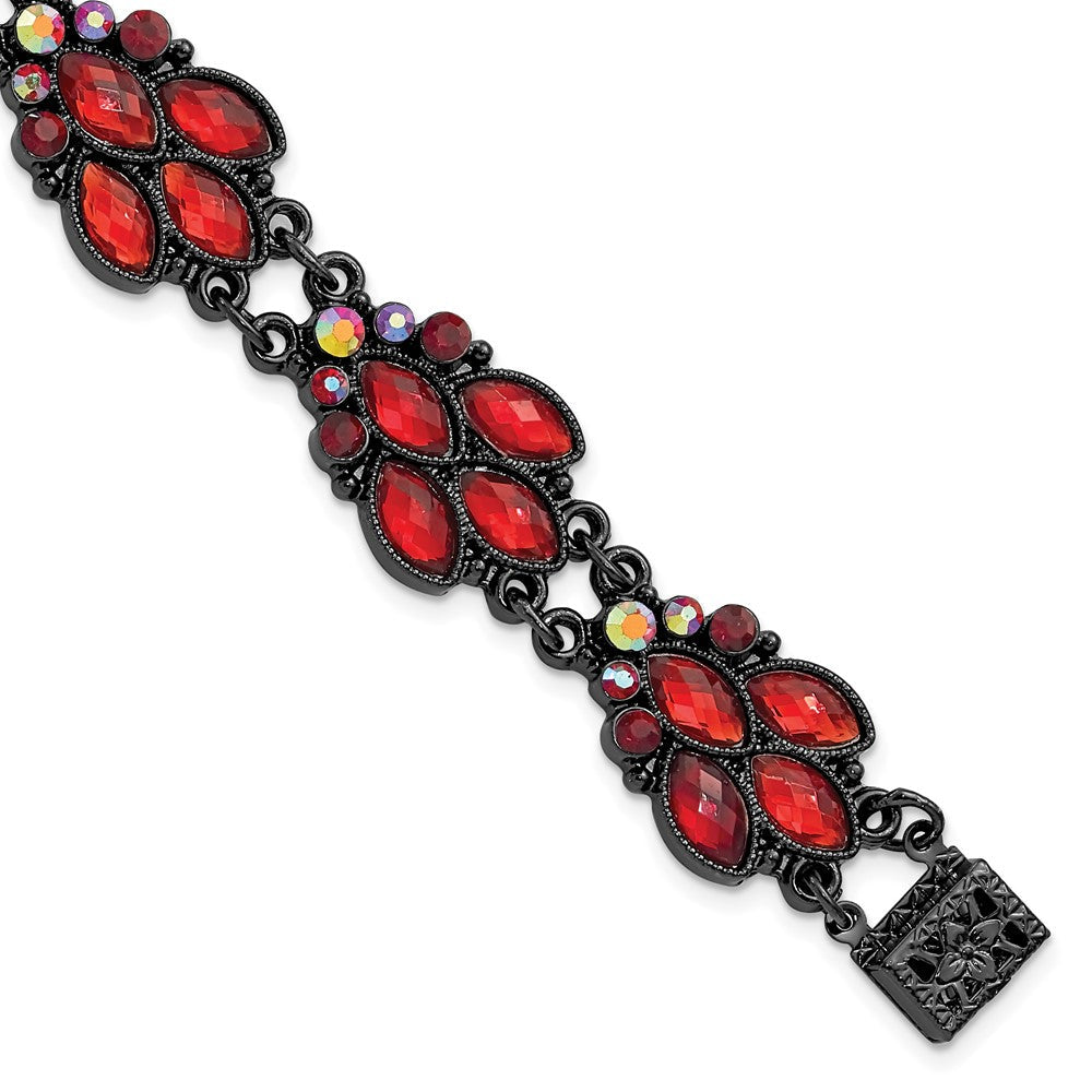 Mode 1928 Schmuck Schwarz-beschichtet Facettiert Rot und Aurora Borealis Glas Steine 7.25 Zoll Armband