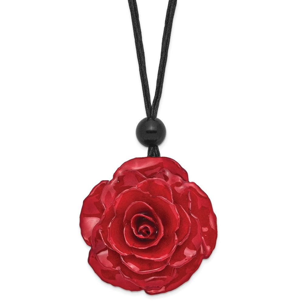 Mode Lacquer Dipped Groß Rot Echt Rose mit Glas Perle auf 18 Zoll Schwarz Cotton Kordel Halskette