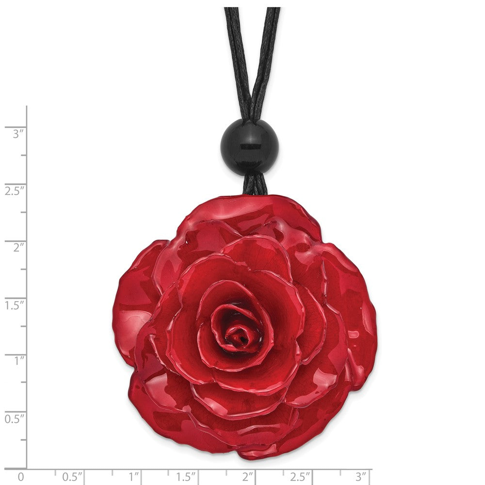Mode Lacquer Dipped Groß Rot Echt Rose mit Glas Perle auf 18 Zoll Schwarz Cotton Kordel Halskette