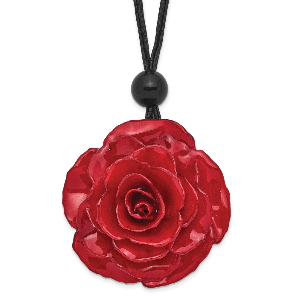 Mode Lacquer Dipped Groß Rot Echt Rose mit Glas Perle auf 18 Zoll Schwarz Cotton Kordel Halskette