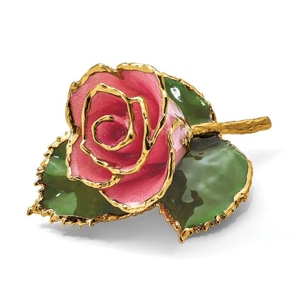 Mode 24K Gold-trim Lacquer Dipped Rosa Rose auf Blatt Brosche/boutonniere