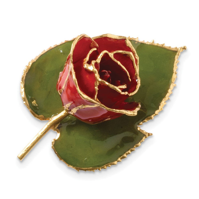 Mode 24K Gold-trim Lacquer Dipped Rot Rose auf Blatt Brosche/boutonniere