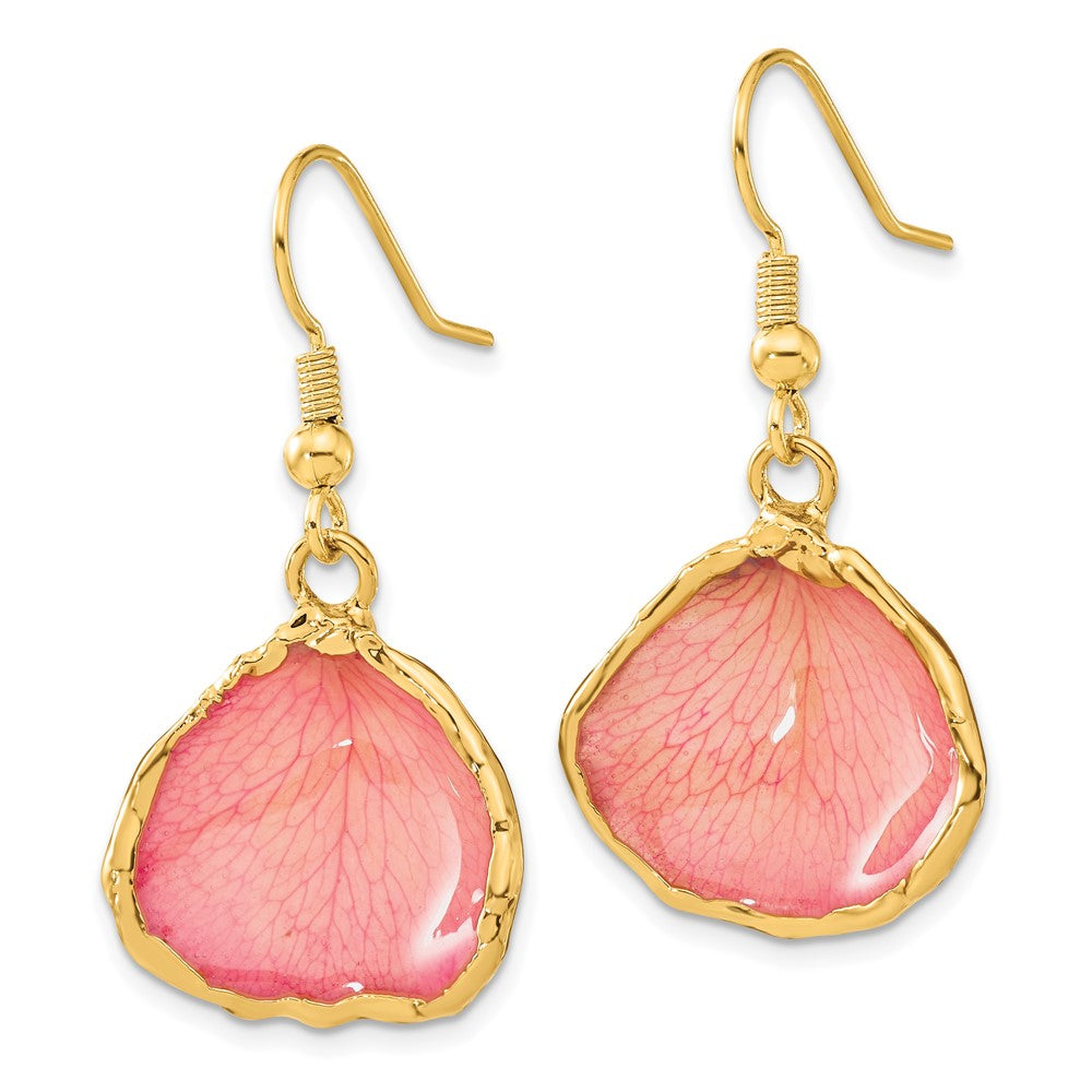 Mode 24K Gold-trim Lacquer Dipped Rosa Echt Rose Petal Goldfarben Hängend Draht Ohrringe