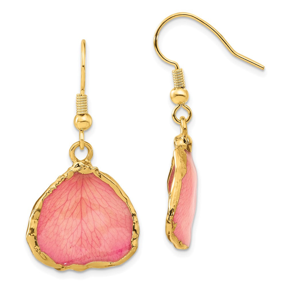 Mode 24K Gold-trim Lacquer Dipped Rosa Echt Rose Petal Goldfarben Hängend Draht Ohrringe
