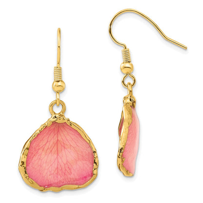 Mode 24K Gold-trim Lacquer Dipped Rosa Echt Rose Petal Goldfarben Hängend Draht Ohrringe