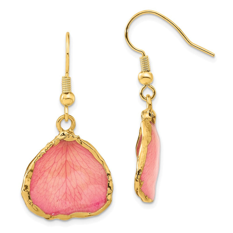 Mode 24K Gold-trim Lacquer Dipped Rosa Echt Rose Petal Goldfarben Hängend Draht Ohrringe