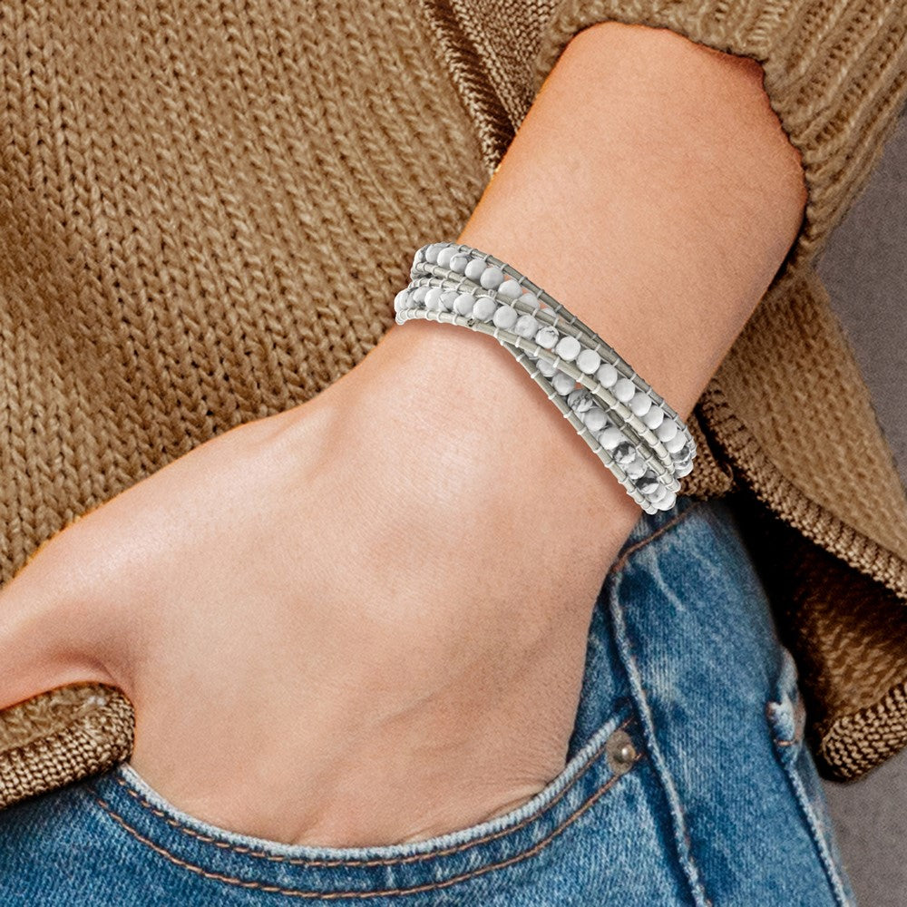 21 Zoll Weiß Howlite Gekugelt und Leder Multi-wrap Armband