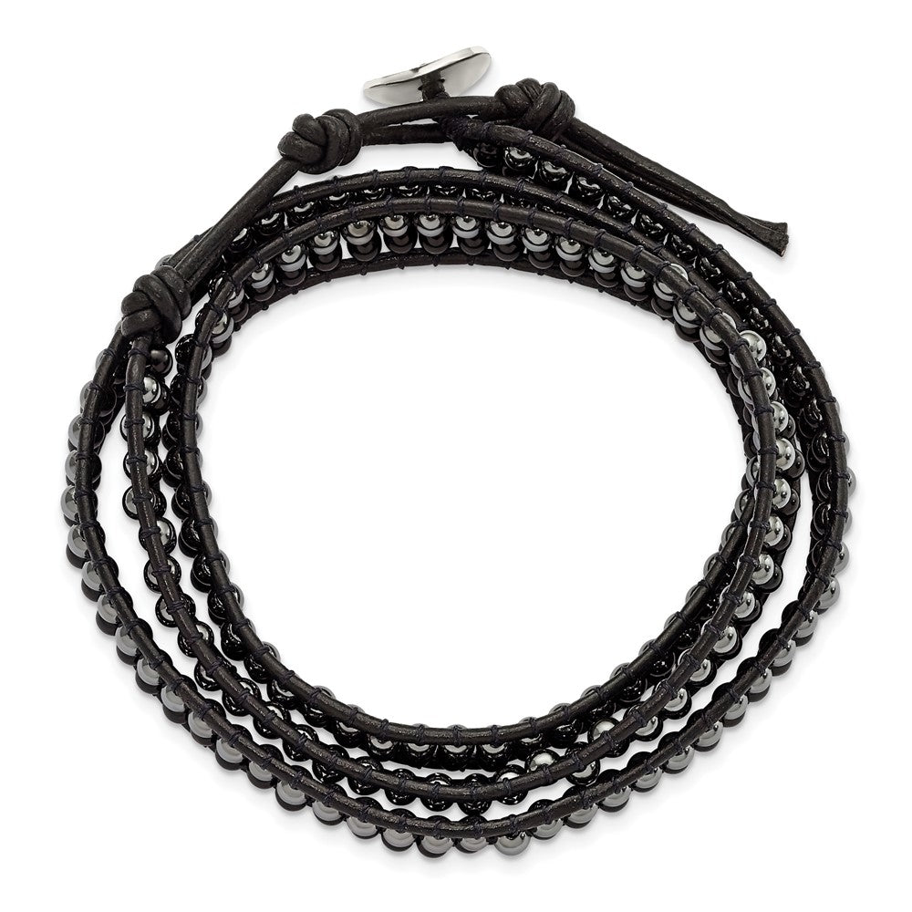 21 Zoll Schwarz Achat und Hematite Perle Leder Multi-wrap Armband
