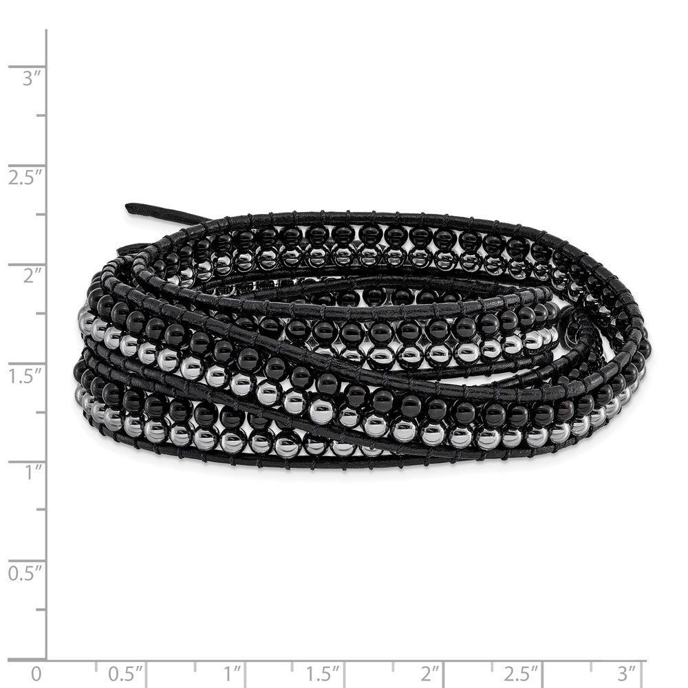 21 Zoll Schwarz Achat und Hematite Perle Leder Multi-wrap Armband
