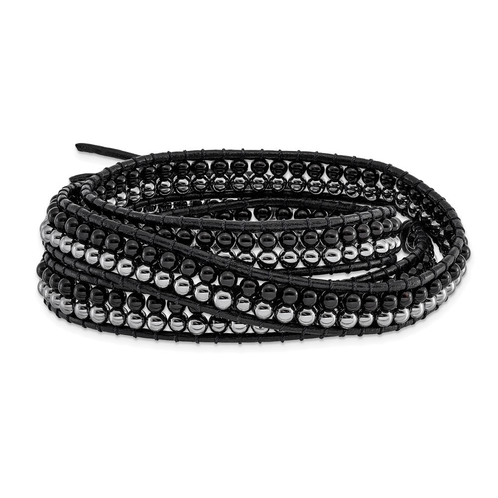 21 Zoll Schwarz Achat und Hematite Perle Leder Multi-wrap Armband