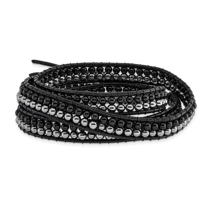 21 Zoll Schwarz Achat und Hematite Perle Leder Multi-wrap Armband