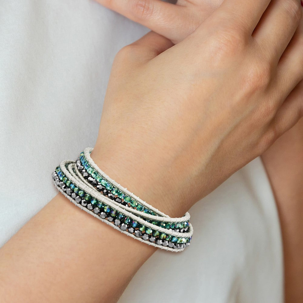 21 Zoll Grün Aurora Borealis/grey Kristall Perle Leder Multi-wrap Armband