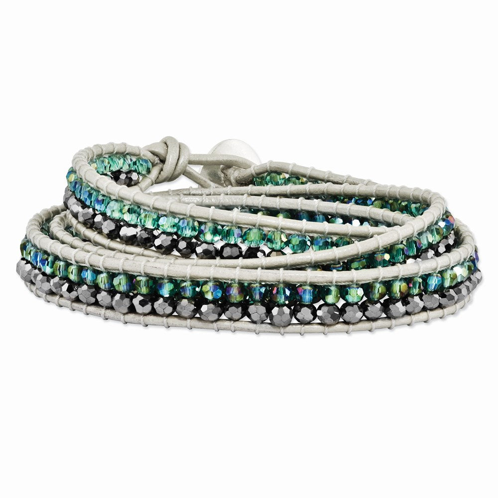 21 Zoll Grün Aurora Borealis/grey Kristall Perle Leder Multi-wrap Armband