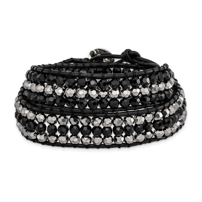 14 Zoll Schwarz Aurora Borealis/grey Kristall Perle/leather Multi-wrap Armband