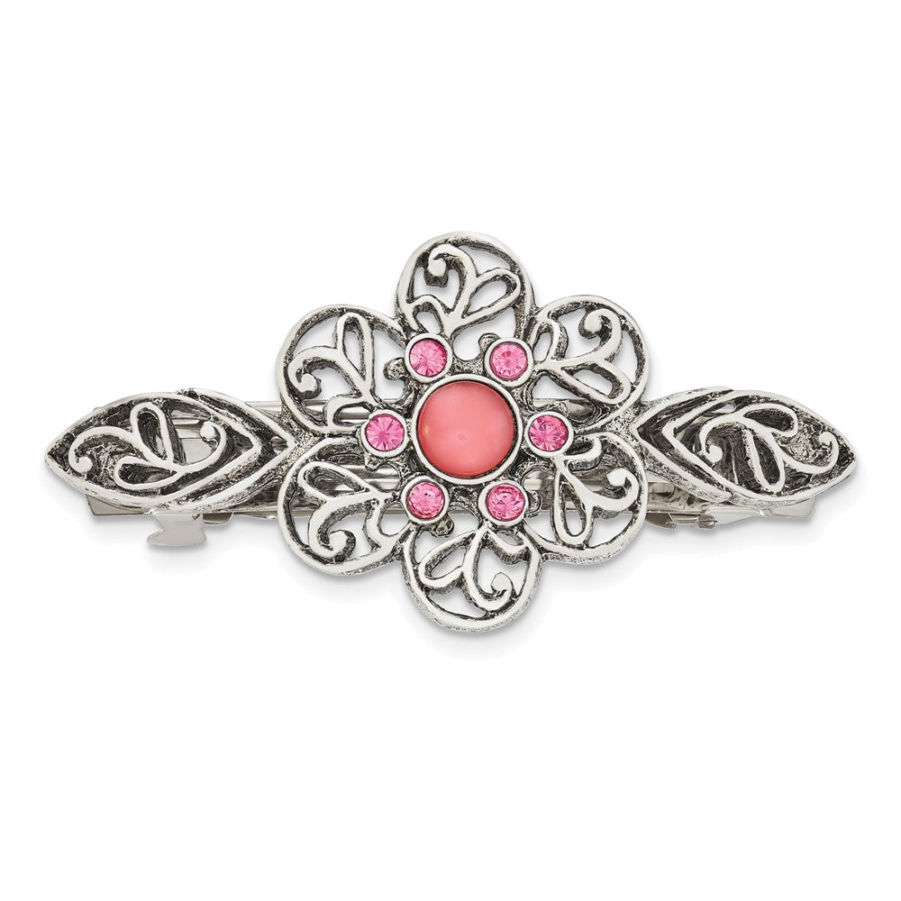 Mode 1928 Jewlery Silberfarben Filigran Rosa Cabochon und Kristall Blume Hair Barrette
