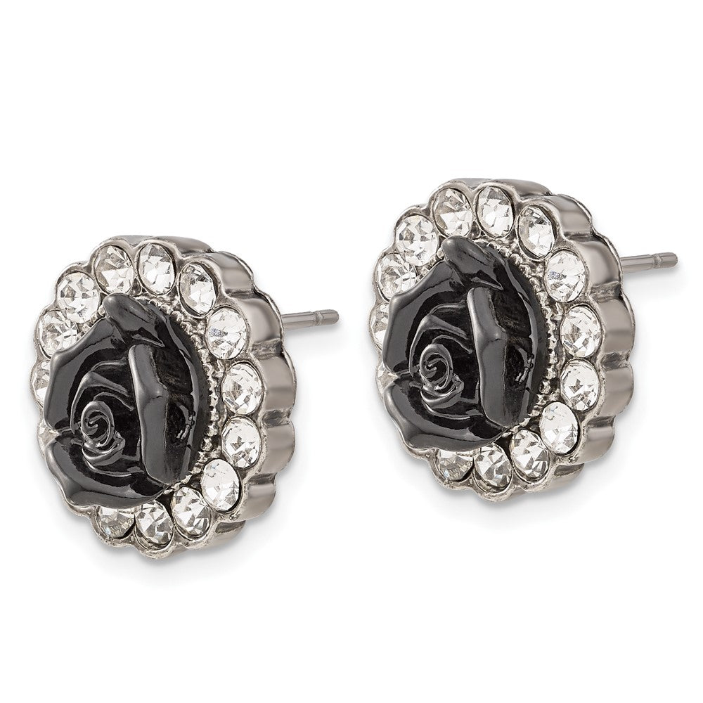 Mode 1928 Silberfarben Schwarz Emaille Blumen & Kristall Ohrstecker