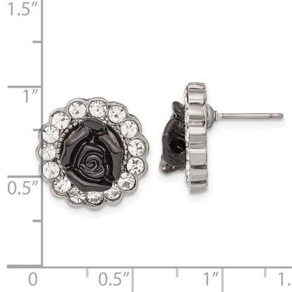 Mode 1928 Silberfarben Schwarz Emaille Blumen & Kristall Ohrstecker
